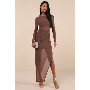 Lulus Alluring Silhouette Dark Brown Sheer Mesh Backless Maxi Dress - Size XL